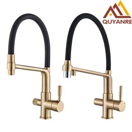 Bathroom Sink Faucets Brushed Gold Kitchen Faucet Filtered Water Dual Spout Purification Feature Kitchen Tap 360 Rotation Water Crane For Kitchen 230612