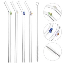 Bar Tools Straws Glass Straw Drinking Reusableclear Brush Beverage Cocktail Smoothie Flower Cleaning Design Tealong Party Resistant 230612