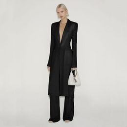 Women's Two Piece Pants Elegant Ladies V Neck Single Breasted Maxi Dress Sexy Slim Long Sleeves Monochrome Lapel Fashion Top 2 Pieces 2023