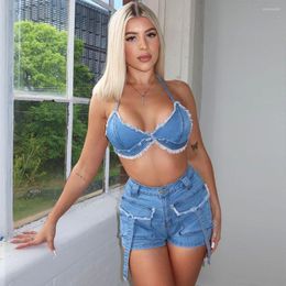 Women's Tracksuits Echoine Design Denim Two Piece Set Lace Up Halter Crop Top And Shorts Tassel Patchwork Pocket Cargo Jeans Outfits