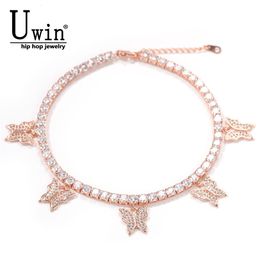 Anklets Uwin Butterfly With Tennis Anklet 9inch Chain Square And Round Iced Out Link Bling Hip Hop Jewellery For Women Men 230612