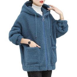 Fur Plush Thick Warm Faux Lamb Wool Coat Women Autumn Winter 2022 Loose Hooded Outerwear Ladies Zipper Cardigan Hoodie