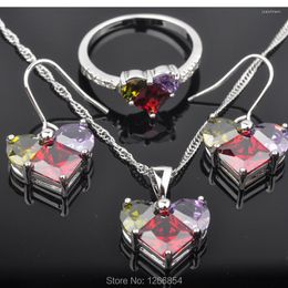 Necklace Earrings Set Lovely Silver Color For Women Pendant Multicolor Cubic Zirconia Rings The Price Of JS0149