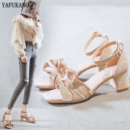 Sandals Plus Size 32-43 Women Summer Elegant Ruffles Rome Shoes Fashion Square Heel High Heels Fairy Style Party Wedding