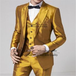 Men's Suits Fashion Gold Men Suit For Wedding 3 Pieces Set Groom Tuxedos Shiny Male Prom Party Blazer Vest Pants Outfit Slim Fit Ropa Hombre