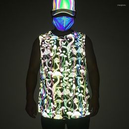 Men's Vests Colourful Reflective Vest For Men's Outdoor Casual Hip-hop Camisole Knitted Breathable Sports Outerwear Coats Party Pockets