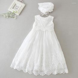 Girl Dresses Baby Christening Dress White Baptism Gown Long Bonnet Hat Born Beaded Tulle Embroidered Lace Frock