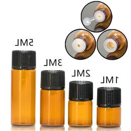 Amber Glass Essential Oil e Liquid Bottles 1 2 3 5 ml Glass test tube vial with plastic stopper black cover Qwkxj