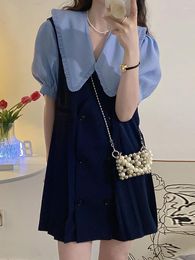 Work Dresses Puff Sleeve Shirt Woman Summer Niche Fashionable Pleated Vest Skirt Lapel Loose All-match Double-breasted Clothing