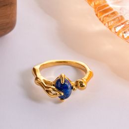 Solitaire Ring Minar Delicate Navy Blue Natural Stone Asymmetric Irregular Charm Rings for Women 18k Gold Plated Stainless Steel Finger 230613