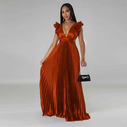 Casual Dresses Cutubly Elegant Long Formal Dresses For Women Evening Party Sexy Backless Deep V High Waist Pleated Dress Club Party Summer Z0612