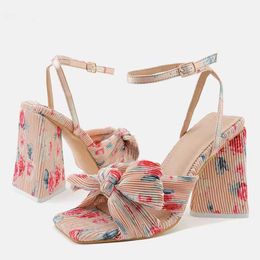 Liyke Size 44 45 46 Fashion Pleated Butterfly-Knot Womens Sandals Gladiator Peep Toe Buckle Strap Triangle High Heels Dress Shoe