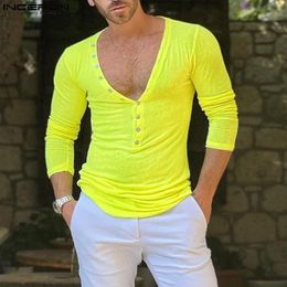 Men's T-Shirts INCERUN Men T Shirt Solid Colour V Neck Long Sleeve Button Casual Thin Tee Tops Fitness Streetwear Stylish Camisetas S-5XL 230613