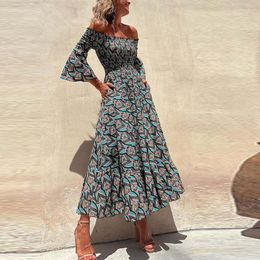 Casual Dresses Fashion Pattern Print Flare Sleeve Long Dress Elegant Slash Neck Off Shoulder Party Backless Ruffle Pleated