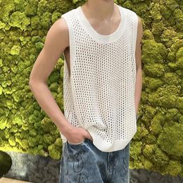 Men's Tank Tops Sexy Knitted Vest Men Hollow Perspective O Neck Pullover Korean Sweatshirt Fashion Solid Summer Sleeveless T-shirt LGBT Top