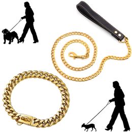 Dog Collars Leashes 18K Golden Dogs Leash with Collar Suit Cuban Link Chain Stainless Steel Pet Dog Safety Leash with PU Leather Handle for Dog Lead 230612