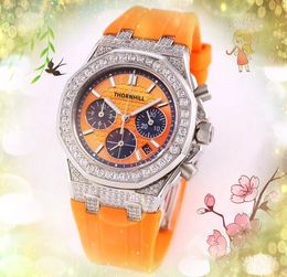 All Dials Work Brand Womens Watches Three Eyes Full Functional Diamonds Ring Clock Colourful Rubber Strap Quartz Calendar Bracelet Watch montre de luxe gifts