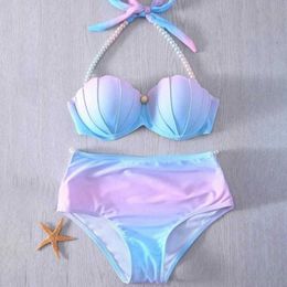 Women's Swimwear 2PcsSet Split Bikini Gradient Color Shell Appearance Twopiece High Stretch Off Shoulder Swimwear for Beach Z0613