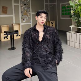 Men's Casual Shirts 2023 Korean Fashion Feather Tassel Design Long Sleeve Shirt Mens Harajuku See-through Sexy Blouse
