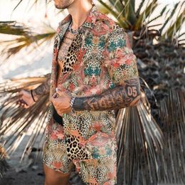 Men's Tracksuits High Quality Summer Men Hawaiian Sets Leopard Print Short Sleeve Button Shirt Beach Shorts Holiday Mens Two Piece Suit Cardigan 230613