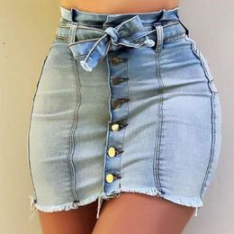 Dresses Haruku Denim Mini Skirt Ladies Summer High Waist Lace Up Jeans Shorts Skirts Women Denim Bodycon Skirts with Fake Big Pockets