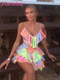 Basic Casual Dresses Karlofea Summer Female A Line Ruffles Mini Dress Going Out Rave Outfits Lovely Daily Robe Vintage Satin Print Vacation 230613