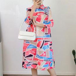 Casual Dresses Pleated Coat Summer Style Polo Collar One Shoulder Large Covering Stomach Slim Dress Medium Length Printed Shirt For Women