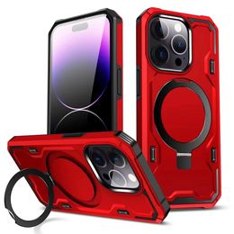 Strong Magnet Kickstand Phone Case for iPhone 14 Plus Rugged Plastic TPU Hybrid Hidden Stand Cover Support Wireless Charging with Invisible Metal Ring Bracket
