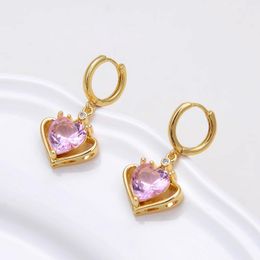 Hoop Earrings Korean Style Pink Gem Heart For Women Luxury Geometric Zircon Pendant Cute Love 2023 Fashion Wedding Jewelry
