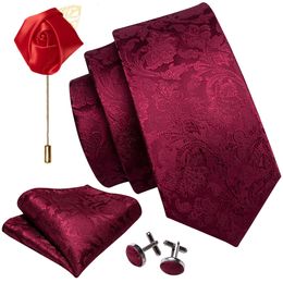 Neck Ties Mens Wedding Tie Red Paisley Solid Silk for Men Gravat Handkerchief Cufflink Brooch Set Barry.wang Designer Fa-5509 230613