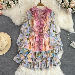 Casual Dresses Retro Floral Print Elegant Chiffon Dress Two Pieces Sets A-line Ruffle Puff Sleeve High Waist Slip Women Summer