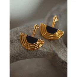 Dangle Earrings Egyptian Black Onyx Stud Stylish Exquisite Elegant Fan Shape Vinatge Women Golden Jewellery