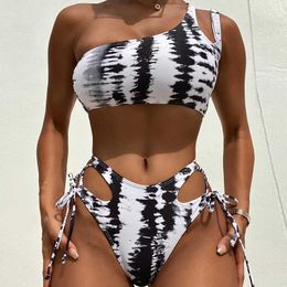 Women's Swimwear 2023 New Ladies TieDye OneShoulder Laceup Cutout Split TwoPiece Backless Sexy Luxury Bikini Z0613