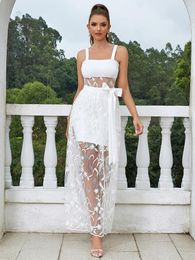 Casual Dresses Sexy Sleeveless Embroidery Lace Long Dress Women White Spaghetti Strap A-Line Tulle Maxi Elegant Celebrity Party Club Dres