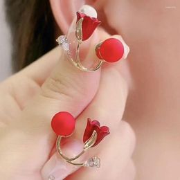 Stud Earrings Red Flower Rhinestone Pearl Elegant Orchid Ear Jewelry For Women Girls Temperament Gifts Korean Accessories