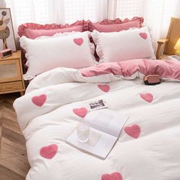 Bedding sets Korean Ins Cute Bedding Set Ruffle case Cotton Flat Bed Sheets Queen Size Simple Girl Princess Style Fitted Bed Sheet Set Z0612