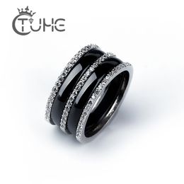 Solitaire Ring 8MM Width Stainless Steel Women Men Rings Jewellery Three Row Bright Black White Ceramic Rings Never Fade Jewellery Gift 230612