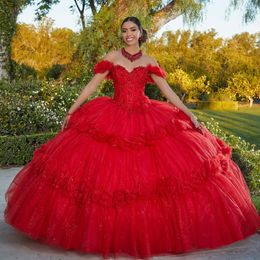 Red Quinceanera Dresses Ball Gown Appliques Beading Sleeveless Off Shoulder Tull Sweet 15 Party Dress Vestido De 16 Anos