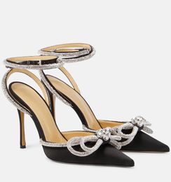 Mach&Mach Double Bow Sandals Shoes Satin Leather High Heels Pointed Toe Party Dress Crystal-embellished Silk-satin Point Toe Pumps
