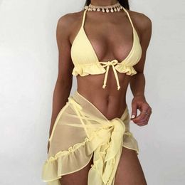 Women's Swimwear Women's ThreePiece Bathing Suits Bikini Ruffle Bandage Halter Bra Triangle Briefs Cover Ups Beach Swimsuit Set Stylish Swimwear Z0613