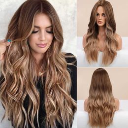 Lace Wigs Long Brown Ombre Synthetic Wigs for Women Natural Hair Wavy Wigs Middle Part Female Wig Cosplay Heat Resistant Fiber Wigs Z0613