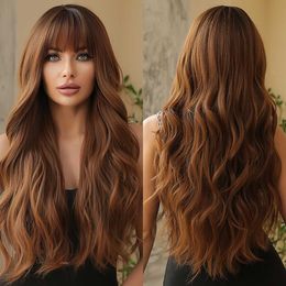 Lace Wigs Long Chocolate Brown Ombre Synthetic Wigs with Bangs Natural Wavy Hairs Wig for Black Women Daily Cosplay Party Heat Resistant Z0613