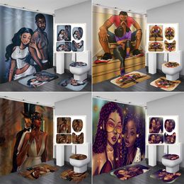 Curtains African American Men Women Bathroom Curtain Set Waterproof Fabric Couples Shower Curtains Toilet Cover Mat NonSlip Bath Rug