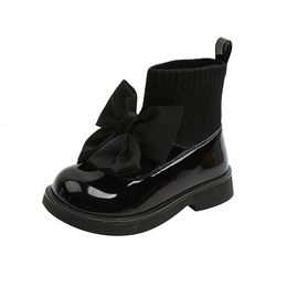 Boots Children's Fashion PU Solid Black Bow Girls Uniform Spring and Autumn Kids Flying Knit School Socks Shoes 230613