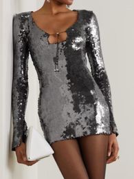 Casual Dresses Women Sequins V-Neck Slim Mini Dress Sexy Silver Grey Lace-up Long Sleeve Bodycon Elegant Evening Party Club