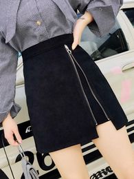 Skirts Autumn Winter Women's High Waist A-line Skirt Woollen Fabric Tight Hip Short Irregular Zipper Design ML319