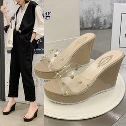 Sandals 2023 Clear Pvc Eraser Open Toe Cane Straw Platform Wedge Flip Flop Women's Fashion High Heels Plus Size