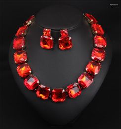 Necklace Earrings Set Bohemian Geometric Red Crystal Bridal Wedding For Women Statement Rhinestone Gold Colour Clavicle Luxury