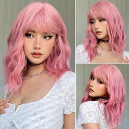 Lace Wigs 14" Soft Wavy Pink Wig With Bangs Good Quality Synthetic Wigs Female Blonde/Black/Red Bob Wigs For Women Daily Party Cosplay Use Z0613