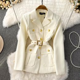 Women's Jackets Suit Coat Women Autumn Winter Jacket Metal Double-breasted Buckle Belt Slim White Coats And For Zm3078